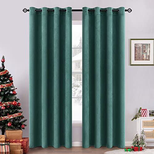 EMEMA Tende Morbide Oscuranti Isolanti Termiche in Velluto con Occhielli 2 Pannelli per Soggiorno e Camera da Letto 140 x 290 cm Verde Scuro