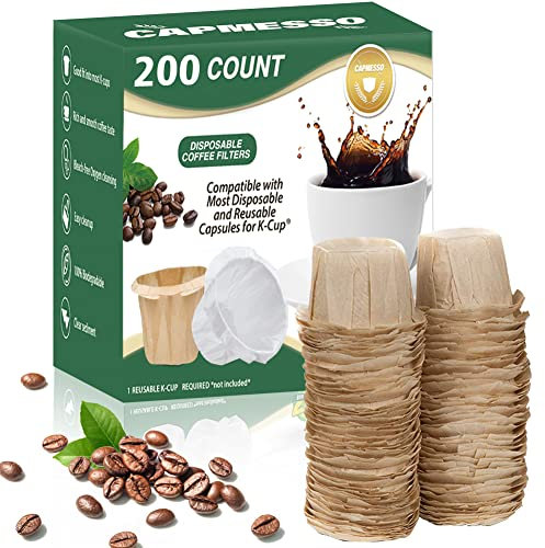 CAPMESSO Disposable Coffee Paper Filters, 200 Count Keurg Cup Coffee Filters Compatible with Keurig Brewers Reusable Single Serve 1.0 and 2.0 Coffee Maker (200 Count, Unbleached)