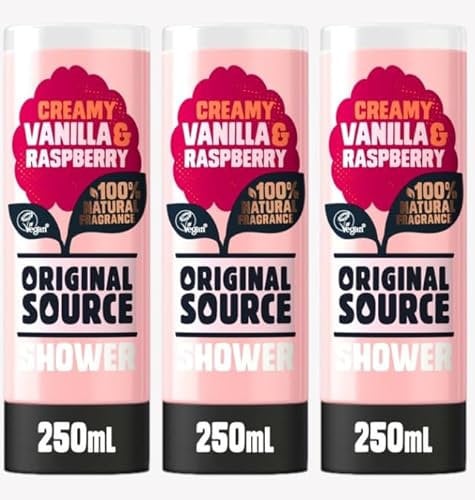 Original Source Lot de 3 flacons de gel douche crème vanille et framboise Parfum 100 % naturel Parfum incroyable à ajouter à votre routine de douche