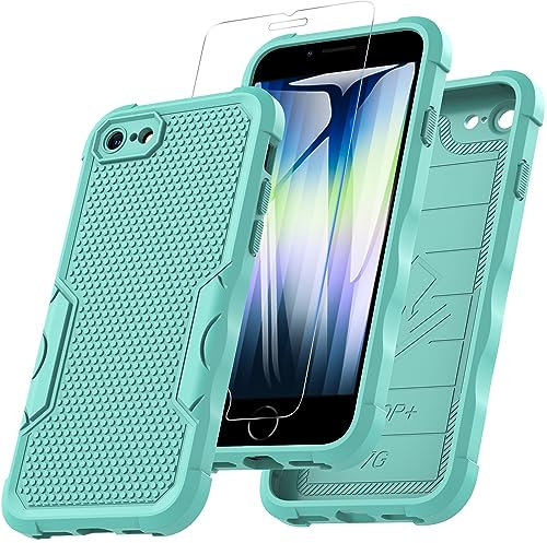 Für iPhone SE 2020 iPhone SE 2022 Hülle iPhone 8/7 Hülle, Stoßfest Rugged Hülle mit 9H Displayschutz-Glas Fallschutz Handyhülle iPhone SE 2020 TPU Outdoor Case mit Kameraschutz für iPhone 8(Grün)