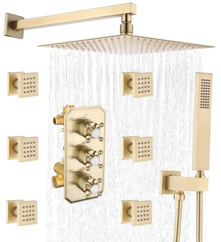 Brass Shower with Body Jets, 3 Outlets Concealed Thermostatic Mixer Shower Set with 12 Inch Rain Shower Head, Handheld and 6 Jets, Volume Adjustment, Brushed Gold