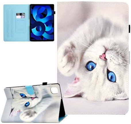 CASAFUNY Hülle für iPad Air 11 Zoll M2 2024 iPad Air 6/ iPad Air 5. Generation 2022/ iPad Air 4. Generation 2020 10.9 Zoll PU Leder Tablette Schützhülle Multi-Winkel Ständer Cover Case, Weiße Katze