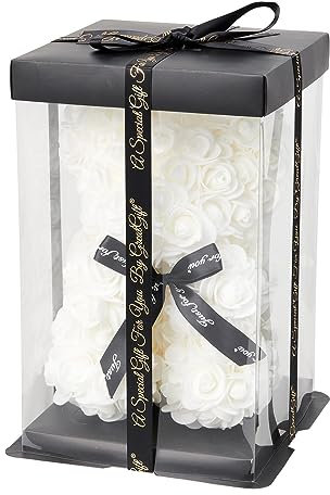 GreatGift® - Ours roses blanches 25 cm + 75 pétales de rose - dans un emballage de luxe -Rose Bear - Blanc - Cadeau romantique - Valentine - Cadeau pour elle (blanc)