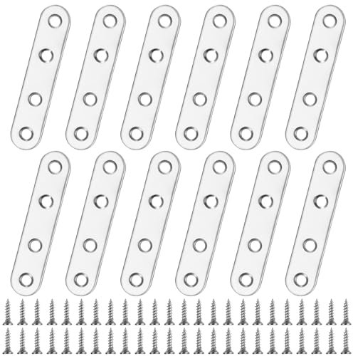 Mending Plates Flat Brackets, 12 Pcs Stainless Steel Straight Brace, Corner Fixing Joining Plates for Furniture Wood, With 48 Screws