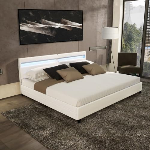 Home Deluxe - LED Bett NUBE - Weiß, 200 x 200 cm - inkl. Matratze, Lattenrost und Schubladen I Polsterbett Design Bett inkl. Beleuchtung