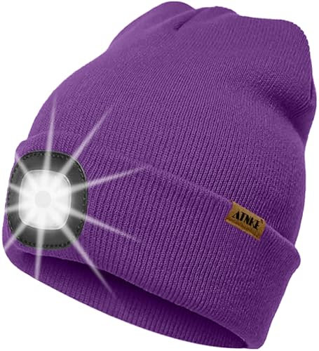 ATNKE LED Beleuchtete Mütze mit Licht,Wiederaufladbare USB 4 LED Beleuchtete Laufmütze Extrem Heller Lampe Winter Warme Stricken Mütze Technik Geschenke für Herren und Damen/Inner Purple