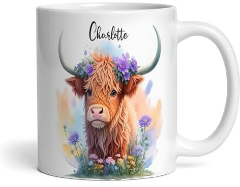 Watercolour Floral Cute Flowers Highland Cow Name Tea Coffee Personalised Mug |Personalised Birthday Mug | Tea Mug | Coffee Mug | Personalised Mug | Birthday Present | Cup |Custom Gift