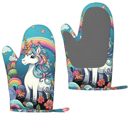 Ofenhandschuhe mit Einhorn-Aufdruck, hitzebeständig, rutschfest, Silikon, Küchenhandschuhe, Ofenhandschuhe zum Kochen, Grillen, Backen