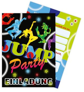 Limonia 12 Einladungskarten zum Kindergeburtstag Motto Jump Party Trampolin Disco Tanzen Feier Fest Einladung Set Geburtstag Mädchen Kinder Jungs Jungen Boys Teenies