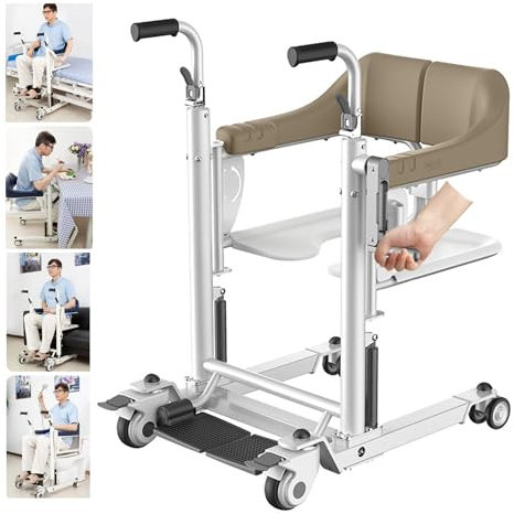 Manueller Lift-Transferstuhl, Rollstuhl zum Autolift mit weichem Kissen und Bettpfanne,tragbarer Badezimmerrollstuhl,höhenverstellbar,für ältere Menschen,maximale Belastung 275 Pfund und leise,Brown