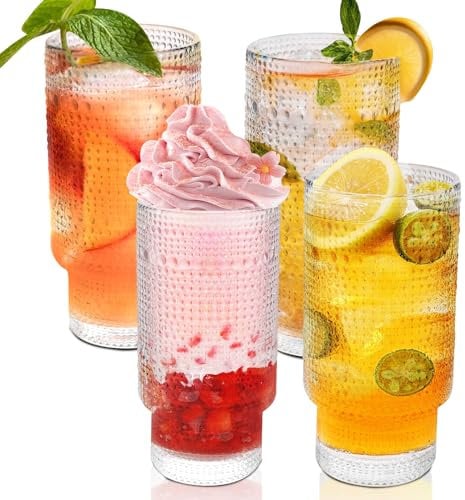 ANOTION Vintage Hobnail Drinking Glasses Set of 4, 11 oz Highball Glasses, Stackable Glasses Set, Glass Cups with Bamboo Lids and Straws, Kitchen Glassware Set for Juice, Ice Tea, Smoothie