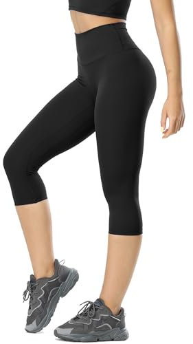 icyzone Damen Sport Leggings 3/4 Hohe Taille Gym Capri Blickdicht Yogahose Sporthose (Black, M)