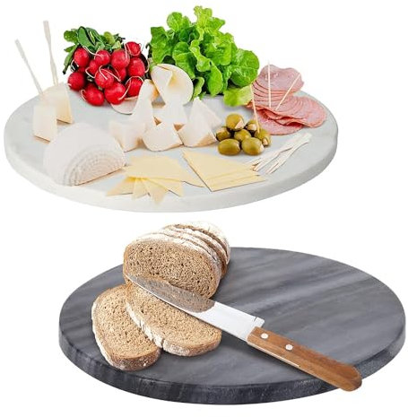 Marble Chopping Board - Large Round Cutting Board and Serving Tray Platter for Meat, Fish, Cheese & Vegetables - Easy Clean Worktop Protector for Kitchen - 24cm, Grey Marble