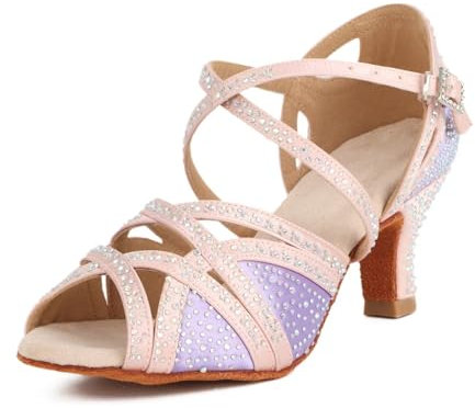 Syrads Donne Strass Scarpe da Ballo Sala Latino Salsa Danza Tacchi Scarpe Peep Toe Cross Strap Scarpe Donna,Rosa 6cm Heel,39 EU