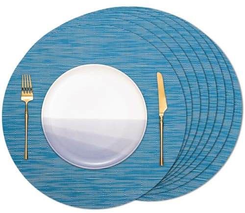 Banchif Tischsets Rund, Tischsets Abwaschbar 8er Set Platzdeckchen PVC Rund rutschfest Platzsets Abwischbar Gewebte Vinyl Platzsets Durchmesser 38 cm, Blau