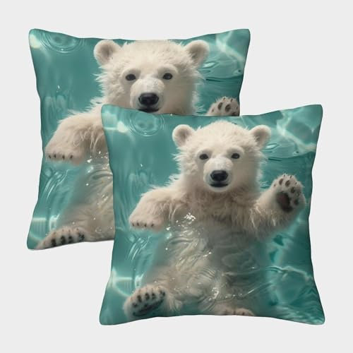 VesFy Eisbär Wurfkissenbezug 2 Stück Set Kissenhüllen Mit Unsichtbarem Reißverschluss Kissen Fall Tier Wurfkissenbezüge Für Kinder Und Erwachsene 40x40cm