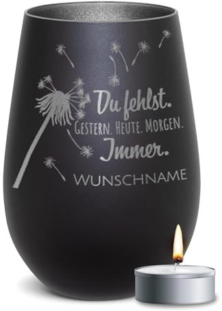 PR Print Royal Trauer Windlicht mit Gravur - Du fehlst - mit Name gravieren - Trauergeschenk, Gedenklicht, Geschenke für Trauernde | inkl. Teelicht, 450 ml, Schwarz/Silber