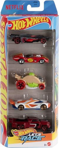 Hot Wheels Spielzeugautos, Set aus 5 Die-Cast-Fahrzeugen im Maßstab 1:64 aus der Netflix-Zeichentrickserie Let‘s Race, JDR20