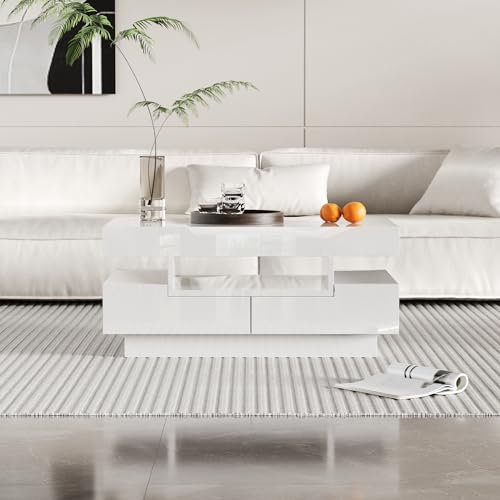 Couchtisch, Hochglanzoberfläche, Vier Schubladen vorne und hinten,mit LED-Lichtleiste, großer Stauraum (Weiß)