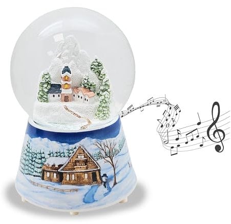 Schneekugel Weihnachten Spieluhr | Bergdorf mit Kirche | Sockel Winterlandschaft Mittelblau | Musik Winter Wonderland | Schüttelkugel Weihnachtsdekoration | B: 10 cm H: 14 cm | 20289