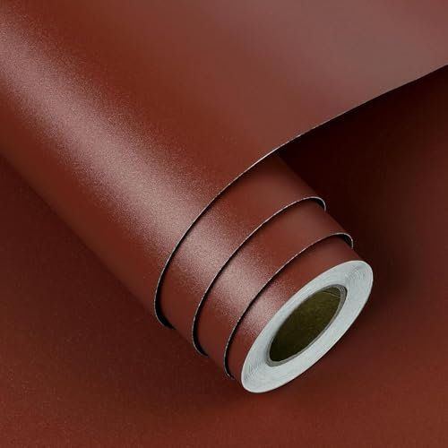 FunStick Dark Red Self Adhesive Wallpaper for Living Room Kitchen Wallpaper Burgundy Red Sticky Back Plastic for Table Top Removable Worktop Vinyl Covering Brown Kitchen Vinyl Wrap Cupboards 40CMx2M
