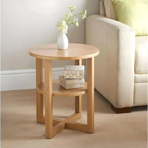 Dylex Oak Effect Round Coffee Table, Side Table with 2 Shelves, Sofa End Table, Lamp/Plant Table for Living Room, Bedroom, Hallway