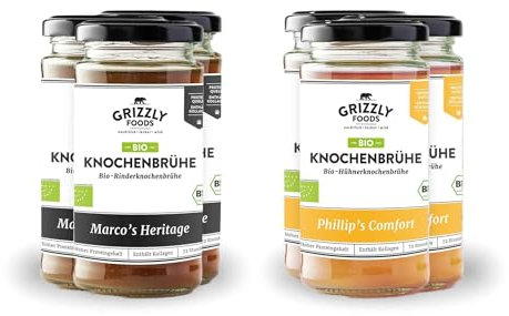 Grizzly Foods • BIO Knochenbrühe Rind & Huhn (6 x 240ml) • Mehr als 10g Kollagen pro Glas • 72 Stunden lang gekocht • 100% natürlich • Ohne Zucker, ohne Zusätze • Wertvolle Nährstoffe • Knochenbrühe