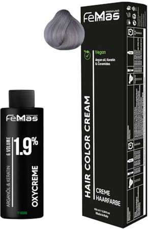 Femmas Haarfarbe Set Gray I Hair Color Cream 100ml + Oxycreme 100ml 1,9% I Permanente Haar-Coloration + Entwickler I Schonend & langanhaltend I Salon-Haarfarbe für Zuhause