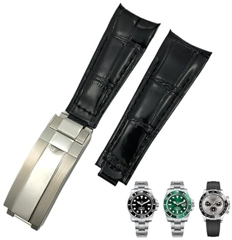 KDEGK 20 mm Arc-End-Lederarmband, geeignet für Rolex Submariner GMT, Bambusmaserung, grün, blau, braun, Rindsleder-Uhrenarmband(20mm Black,M)