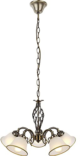 Hängelampe Kronleuchter Hängeleuchte Glasleuchte Esszimmer Lampe Altmessing, Metall Glas, 5 flammig, 5x E27 Fassungen, DxH 60x120 cm