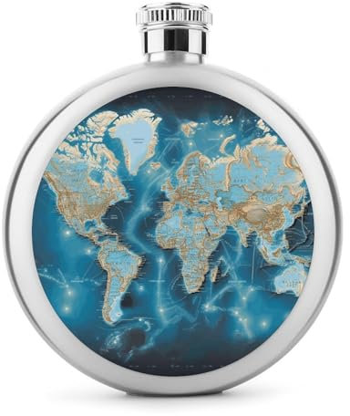 World Map Hip Flask 5 Oz Round Stainless Steel Mirror Polished Wine Pot Portable Pocket Wine Whiskey Flask Small Drinking Flasks Drinkware for Men Women