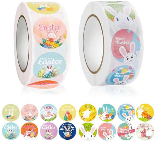 VPOUERY 2 Stück Easter Sticker Roll 1000 Stück Osteraufkleber Ostereier und Hasenaufkleber 16 Muster Oster Kinder Aufkleber Ostern Dekorationen für Kunsthandwerk oder Geschenkverpackungen