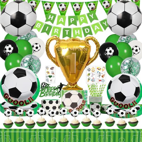 148pcs Fournitures de de Foot ball Anniversaire Kit,Foot ball Vaisselle Décorations de Anniversaire pour 20 Invités,Foot Assiettes en Papier,Bannière,Ballons Décorations de Foot-ball