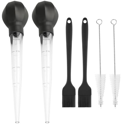 2pcs Turkey Baster Syringe, Baster for Cooking, Turkey Baster Large, Basting Syringe, Meat Baster Pipette,Long Cooking Turkey Injector for Oiling Turkey Beef Pork + 2 Cleaning Brush,2 Silicone Brush