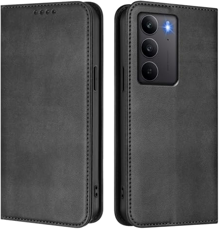 GOGME Hülle für Realme 14X 5G, Premium Leder Handyhülle mit RFID-Schutz, Brieftasche Schutzhülle mit Kartenfächern und Ständer - Schwarz