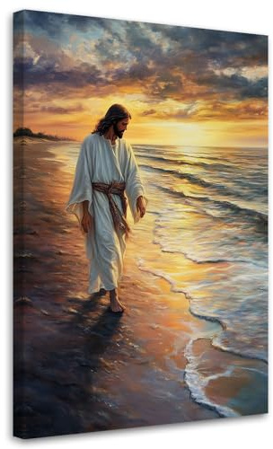 Feeby Leinwand Bilder - Bild Wohnzimmer - Jesus Christus geht auf dem Wasser - 40x60 1tlg - Deko Schlafzimmer Groß - Dekoration Canvas - Gemälde - Modern Wandbilder - Kunstdruck