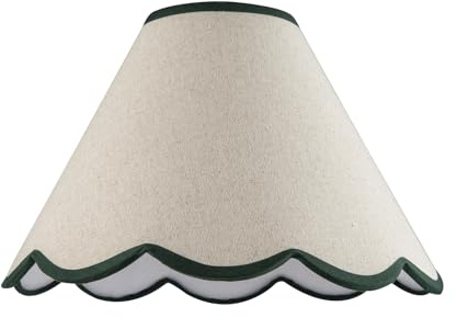 Traditional Scallop Edge Natural Textured Linen Coolie Lamp Shade with Forest Green Cotton Trims | 30cm x 20cm | for Ceiling Pendant or Lamp by Happy Homewares