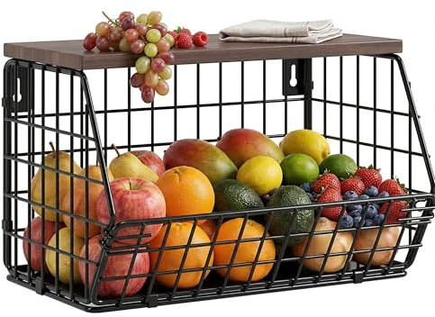 Obstkorb, Hängend Obstschale,Hängekörbe Küche, Metall-Gemüsekörbe, Küchenkörbe, Aufbewahrung Wand Stapelbar ,mit Holzdeckel und Schrauben, zur Aufbewahrung Von Gemüse, Obst und Snack,Schwarz