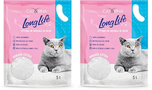 Cat&Rina Long Life Silica, Silikat Katzenstreu. Super saugfähig, bakteriostatisch und antiallergen. Staubfreie, Katzenstreu Klassisch | 5 l (Packung mit 2)