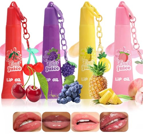 4 Farben Juicy Fruit Lipgloss Set With Keyring,Feuchtigkeitsspendender,Lang anhaltende High Getöntes,Natürlich,Vegan Aufpolsternder Lipgloss Für Ein Hochglänzendes Finish