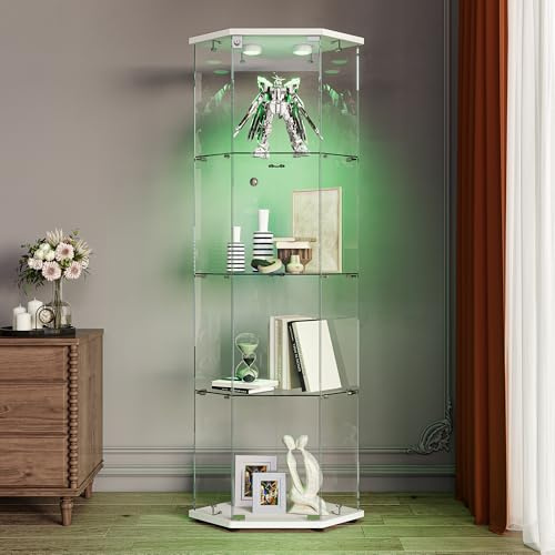 Vitrine Pentagonale avec éclairage LED, Armoire de Collection Moderne avec 1 Portes et 4 étagères, Meuble Vitrine Verre pour Collection, pour Salon, Chambre (Blanc+Lumière tactile, 60x44x162cm)