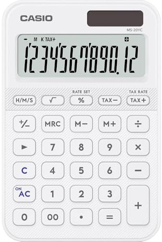 CASIO MS-20YC-WE Tischrechner, Weiß, 12-stellig, Solar/Batteriebetrieb | 12-stelliges großes Display. Solar-Batteriebetrieb, Prozentrechnung, kompaktes Gehäuse, Zeitberechnung. Steuerberechnung
