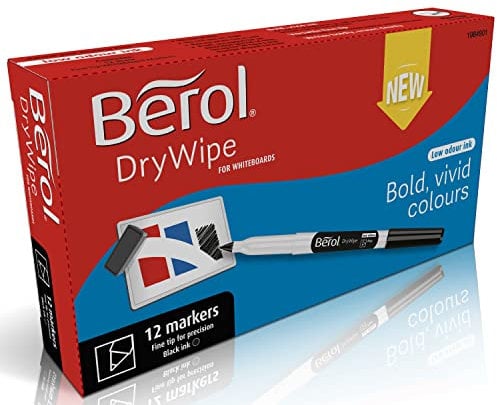 Berol Dry Wipe Whiteboard Marker Pens | Fine Tip | Black Low-Odour Ink | 12 Dry Erase Markers