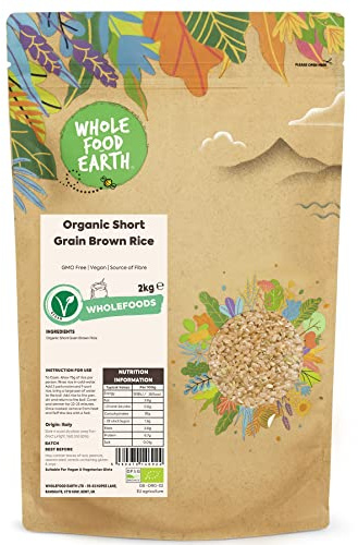 Wholefood Earth Arroz Integral Orgánico 2kg, Sin OMG Certificado | Grano Corto, Fuente Fibra, Vegano