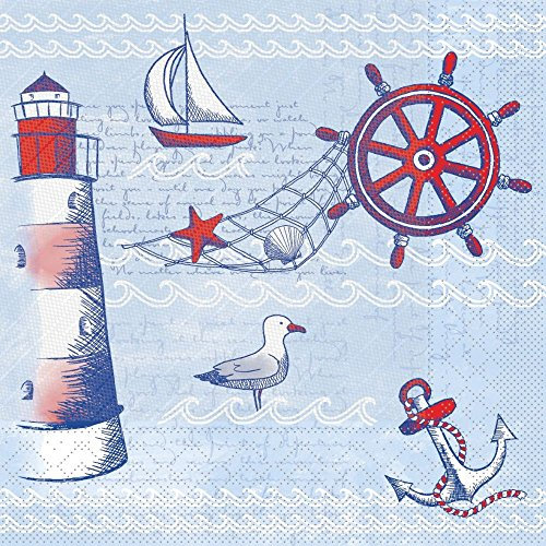 Sovie HORECA Tissue DELUXE Serviette MEERESBRISE, 40x40cm, 4-lagig, 1/4 Falz, 50 Stück, martimes Design wie Steuerrad, Anker und Seemöwen – ideal für Gastronomie und Veranstaltungen