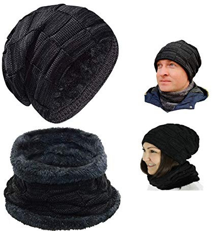 KlassMi MiLeo Wintermütze schwarz mit Schal warme Beanie Strickmütze Winter Loop-Schal mit Fleecefutter unisex Mütze für Damen Herren