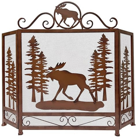 BestGiftEver 3-teiliger Kaminschutz, dekorativ mit Elch im Wald-Design, freistehende Kaminabdeckung, Metallgitter, Heimdekoration, Kamingitter für Hütte, Wildtiere und Waldthemen