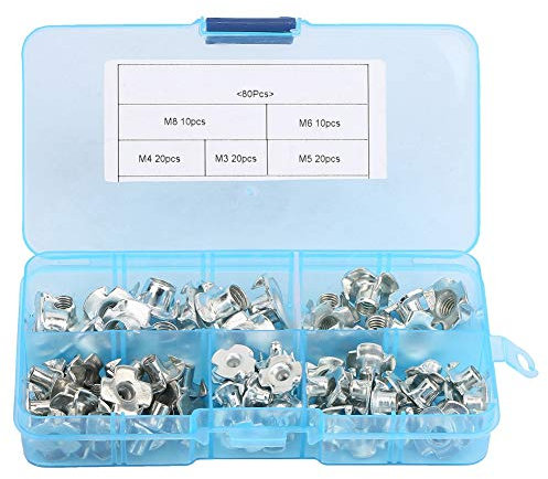 Écrous en T en acier au carbone 80pcs, écrous filetés à quatre griffes incrustés M3/4/5/6/8, kit d'écrous pour meubles de travail du bois pour la fixation du bois et des panneaux de particules