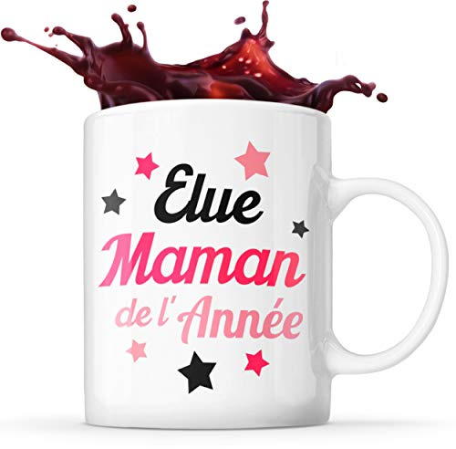Mug Life Mug Maman Cadeau « Élue maman de l'année » | Résistant au Lave-Vaisselle et Micro-Ondes | Hauteur : 9,7 cm – Diamètre : 8,2 cm | Capacité 325 ML | Qualité supérieure