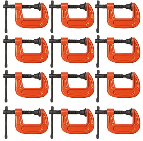 12-Pack 1 Inch Heavy Duty C Clamp, Small Malleable Iron C-Clamp, Up To 1 Inch Jaw Opening, 1 Inch Throat Depth with T-Bar Handle for Woodworking, Welding, Building (Orange)